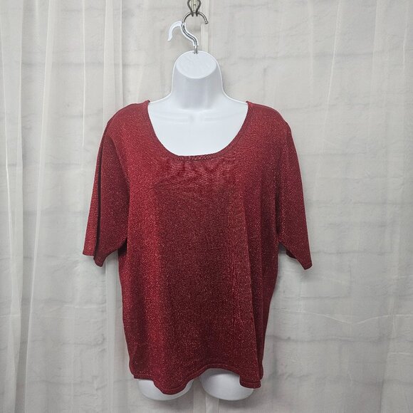 Patchington Tee Blouse Knit Red Metallic Silk Blend Glam Bling Layering L - Picture 1 of 10